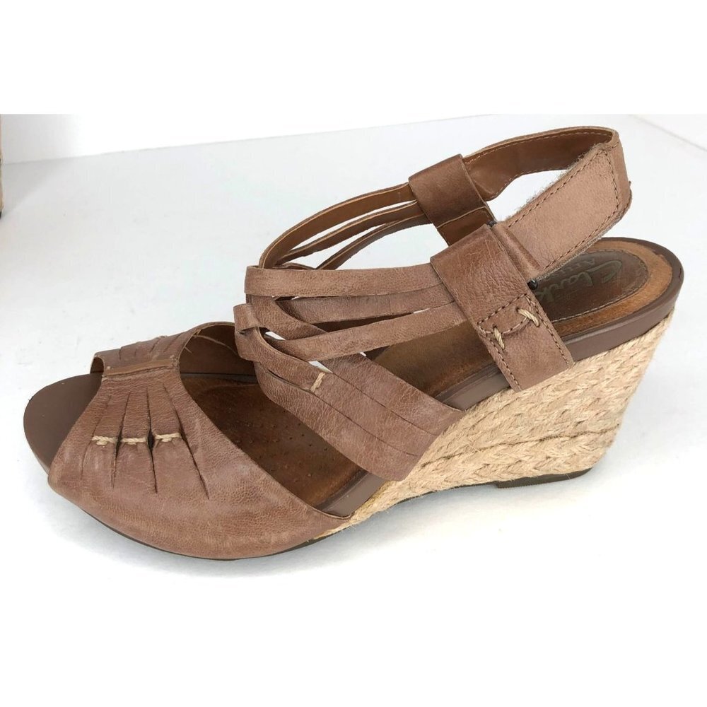 Clarks Artisan Active Air Kyna Smart Brown Leather Espadrille Wedge Sandals 7.5M